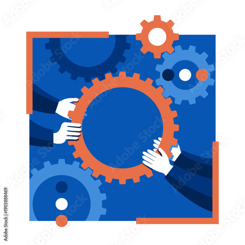 Business management, co-working, hands with gears, square shape