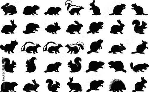 Small woodland animal silhouette collection featuring rabbits, squirrels, skunks, beavers, and porcupines in multiple poses isolated on white background