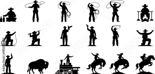 Western cowboy silhouette collection featuring lasso tricks, rodeo horse riding, buffalo, steam train, campfire scenes isolated on white background vector set