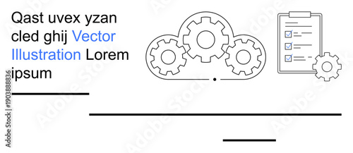 Business management, workflow processes, goal planning, task organization, productivity tools, and teamwork. Gear icons and a checklist workflow. Workflow processes and task organization concept