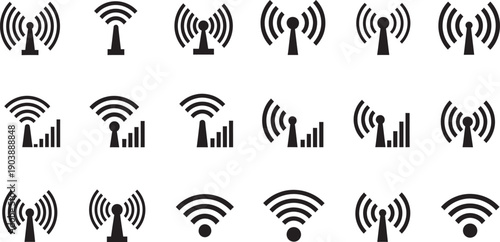 Collection of wifi signal icons with various signal strengths isolated on transparent background