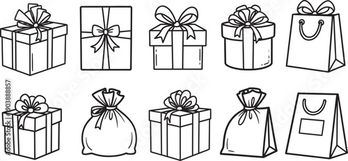 Nine gift boxes and bags isolated on transparent background