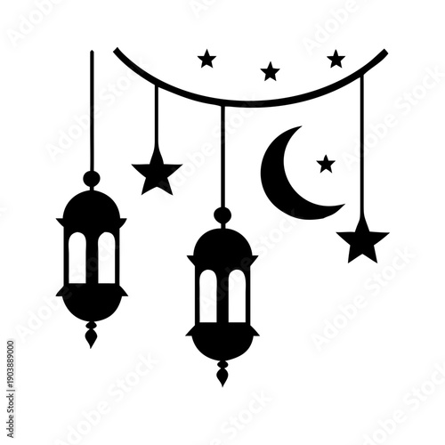 Arabic traditional Ramadan Kareem eastern lanterns garland. Muslim ornamental hanging golden lanterns, stars and moon vector illustration set. Islamic oriental style garland