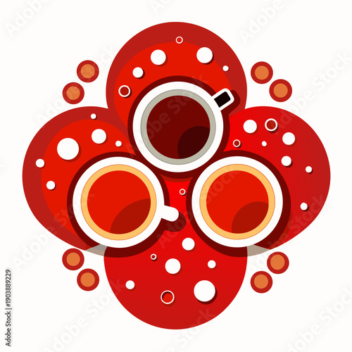 Three cups of tea on red circles with white dots