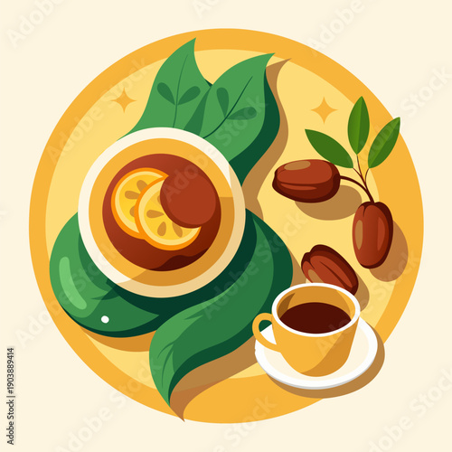cup of coffee with lemon and tea leaves