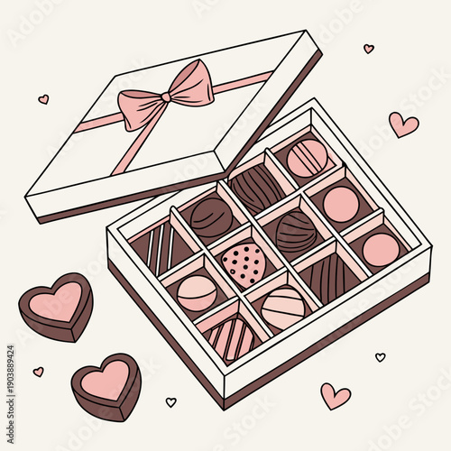 chocolate box with hearts on cream background