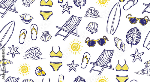 Summer beach seamless pattern with hand drawn holiday travel elements