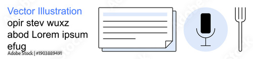 Communication, media, documentation, dining, business, and technology. Features a document, a microphone and a fork in a clean minimalist style. Communication and media concept
