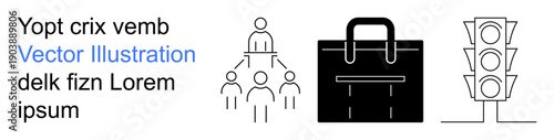 Business management, office tools, career development, team structure, traffic operations, organization. Hierarchical team, briefcase and traffic light icons. Business management and office tools