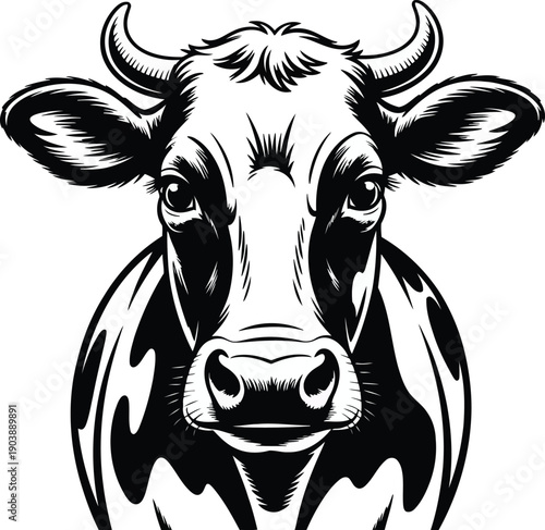 A detailed illustration of a black and white cow with prominent horns and expressive eyes