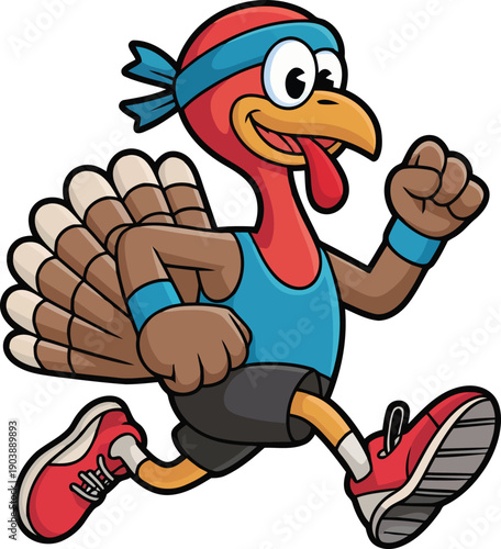 A cartoon turkey dressed in athletic gear running with determination