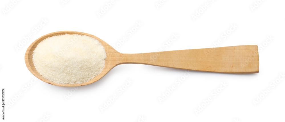 Naklejka premium Dry gelatin powder in wooden spoon isolated on white, top view