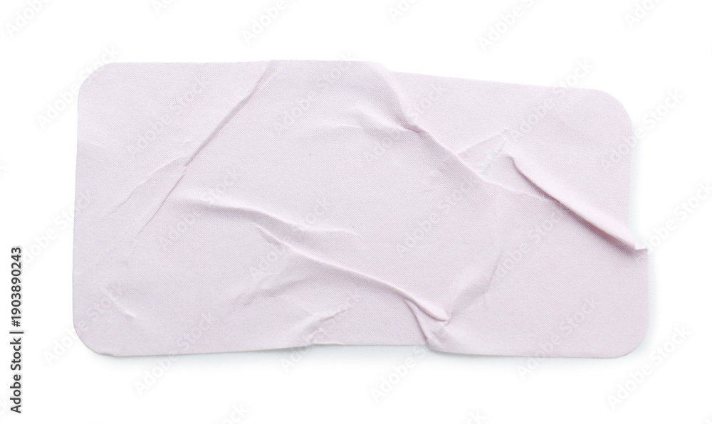 Naklejka premium Crumpled light pink sticker isolated on white, top view