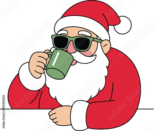 Santa claus enjoying a festive coffee break with a cool attitude.