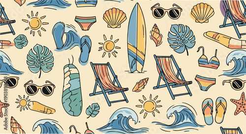 Summer swimwear seamless pattern with bikinis and surfboards