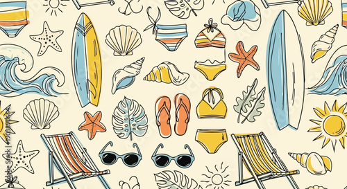 Summer surf seamless pattern with blue waves and sun icons