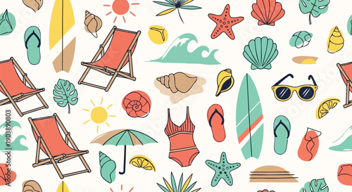 Summer beach vacation seamless pattern with chairs and surfboards