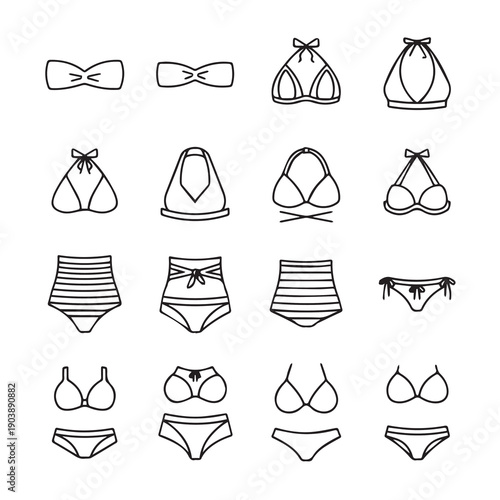 Bikini and Swimsuit Top and Bottom Icons Collection Line Art
