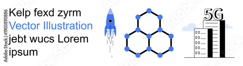 Science, innovation, technology, communication networks, research, modern advancements. Blue rocket, molecule diagram and 5G skyscraper icons with placeholder text. Technology and innovation concept