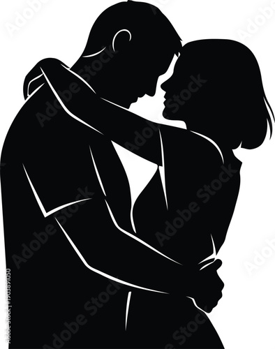 Minimalist silhouette couple embracing vector illustration isolated on transparent background, Vector