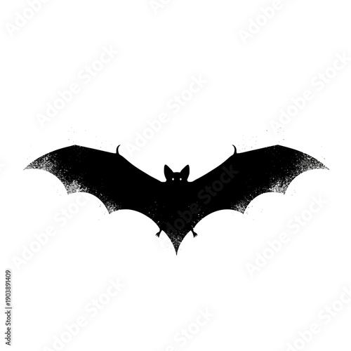 Dramatic flying bat silhouette with spread wings against white background