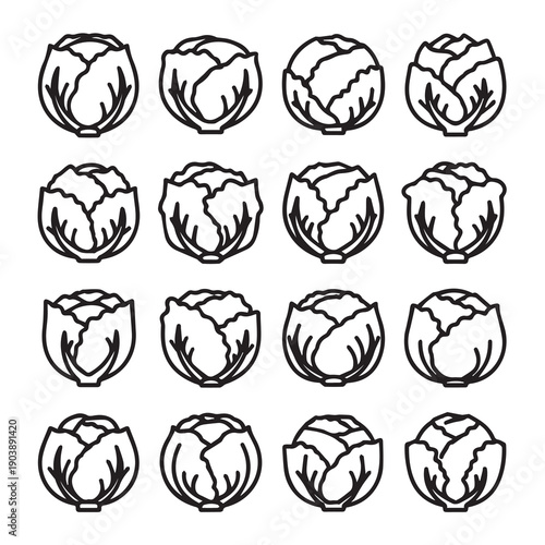 Cabbage Icon Set, Simple Outline Vegetables, Healthy Food Graphics