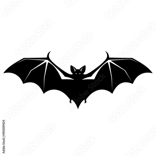 Black bat silhouette with spread wings on white background