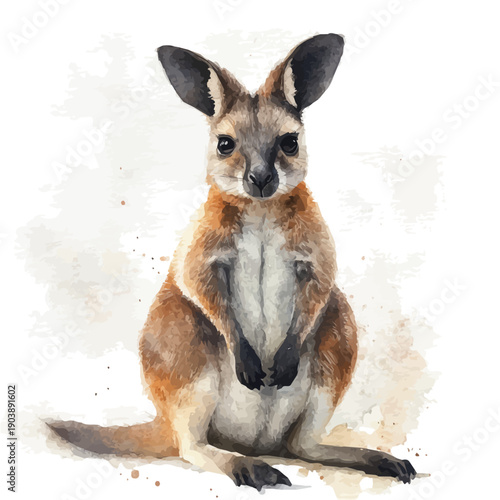 Wallaby, watercolor with intricate brush textures and gentle highlights, isolated on a white background.
