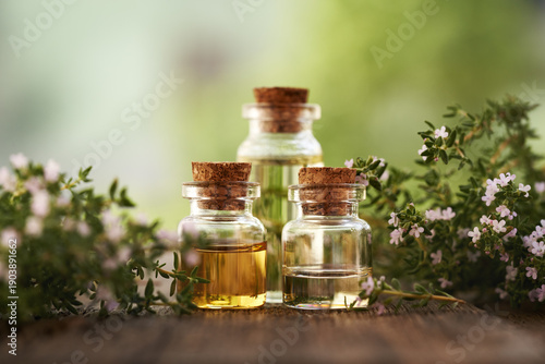 Fotografie Bottles of aromatherapy essential oil with blooming thyme outdoors