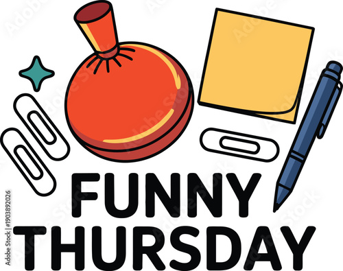 Funny thursday office doodles with notebook pen and cheerful message