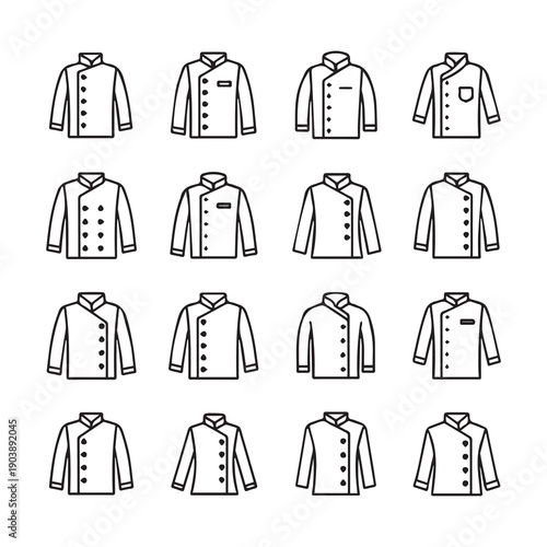 Chef Jacket Icons Set, Different Styles, Line Art, Isolated on White
