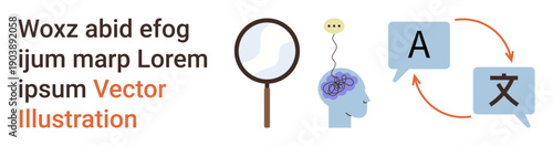 Language translation, cognitive processing, communication, artificial intelligence, education, learning. Brain process with magnifying glass, idea bubble and translating speech bubbles. Language