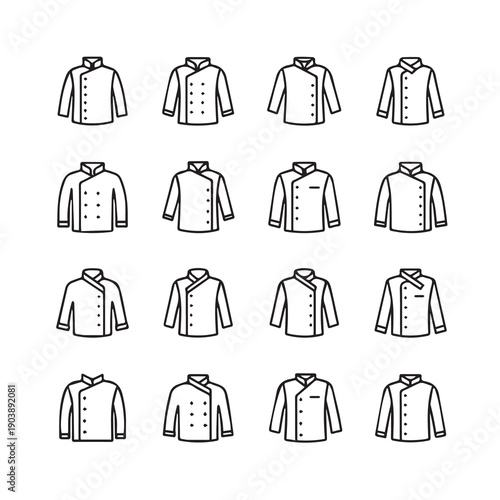 Chef Jackets Icon Set, Various Styles, Line Art, Isolated on White