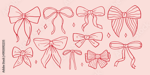 Vector doodle hand drawn whimsical outline bows set. Trendy vintage coquette cute bows on beige background. Decorative outline elements for love cards, wedding design. Charming baby girl cliparts.
