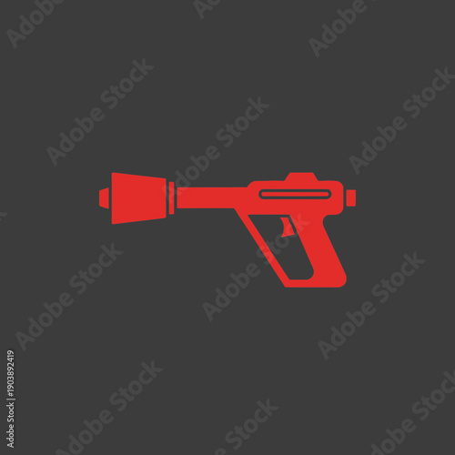 Red and black graphic of a handgun with a flashlight attachment.