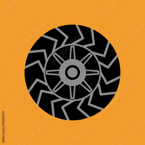 Close-up of a spiral saw blade with sharp teeth on an orange background.
