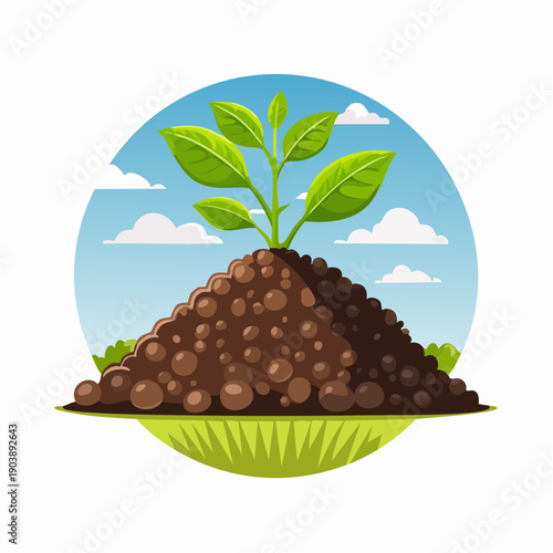 Illustration of a green plant growing from a pile of soil.