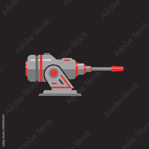Illustration of a power drill in gray and red on a black background.