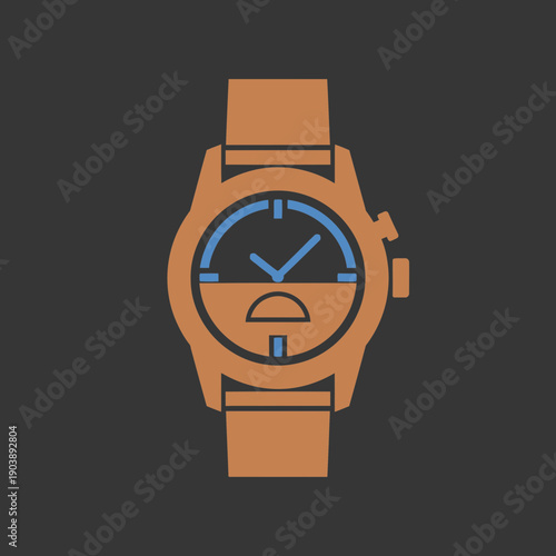 Illustration of a wristwatch with a brown strap and blue-accented dial.