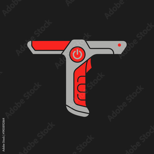 Digital illustration of a futuristic handheld device resembling a gun with a power button.