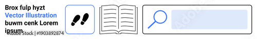 Education, learning paths, research, exploration, navigation, information search. An open book, a footprint icon and a search bar. Education and learning paths concepts