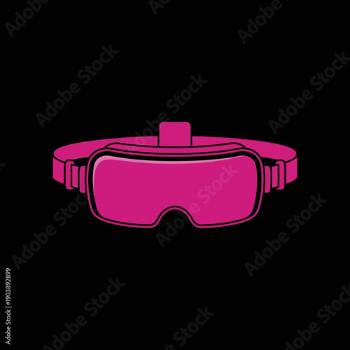 Pink virtual reality goggles with adjustable strap on a black background.