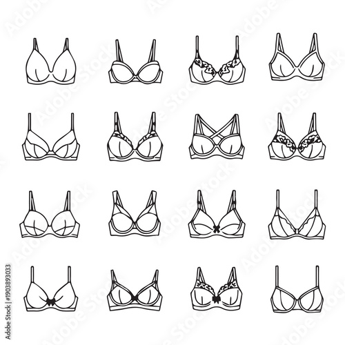 Collection of bra types, line drawings, fashion illustration, intimate apparel