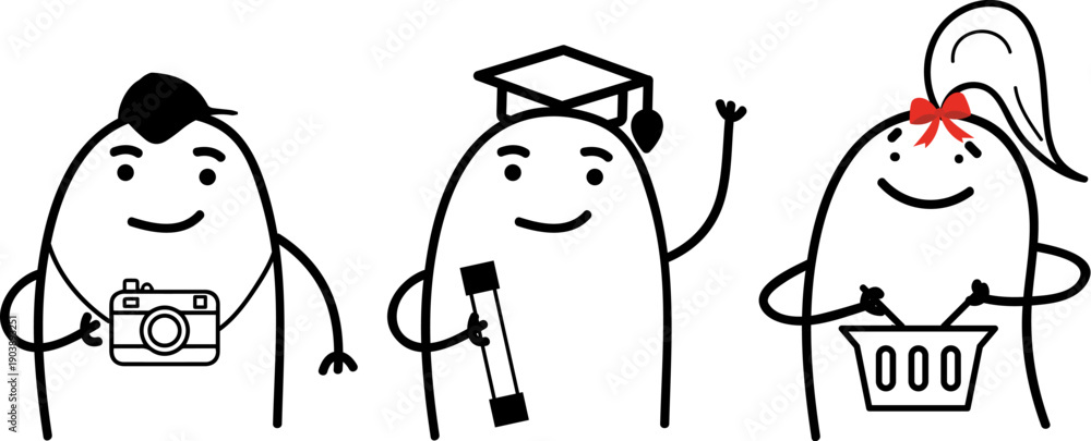 Obraz premium Minimalist doodle characters as tourist, graduating student and woman with grocery basket