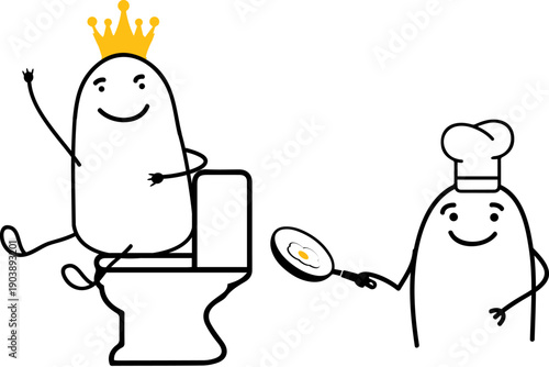 Funny minimalist doodle characters as toilet king on throne and chef frying an egg