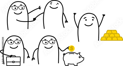 Minimalist doodle business scenes with handshake, investor saving, executive and gold bars