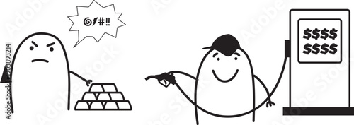 Angry consumer fueling car with gold due to high fuel prices in minimalist doodle