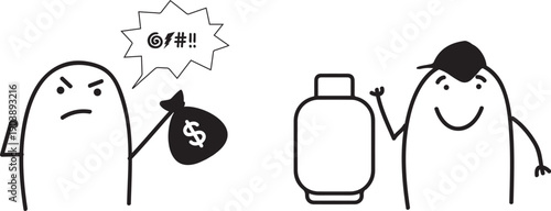 Angry consumer reacting to high cooking gas prices in minimalist doodle style
