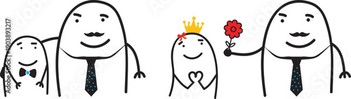 Minimalist doodle scenes of father with son and father giving a flower to daughter