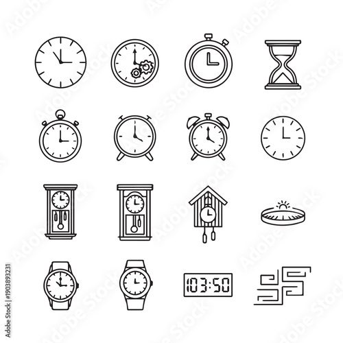 Collection of Clock Icons: Timepieces, Watches, and Hourglasses in Line Art